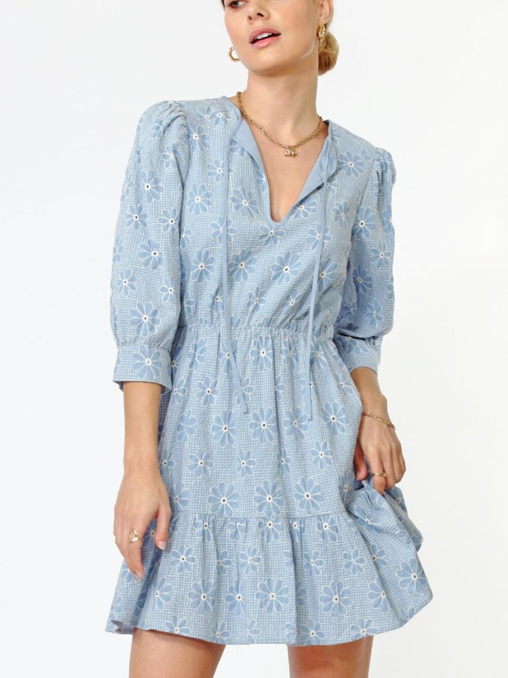 Greylin Daisy Eyelet Chambray Mini Dress w/ Pockets Blue S
